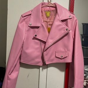 Pink cropped leather jacket